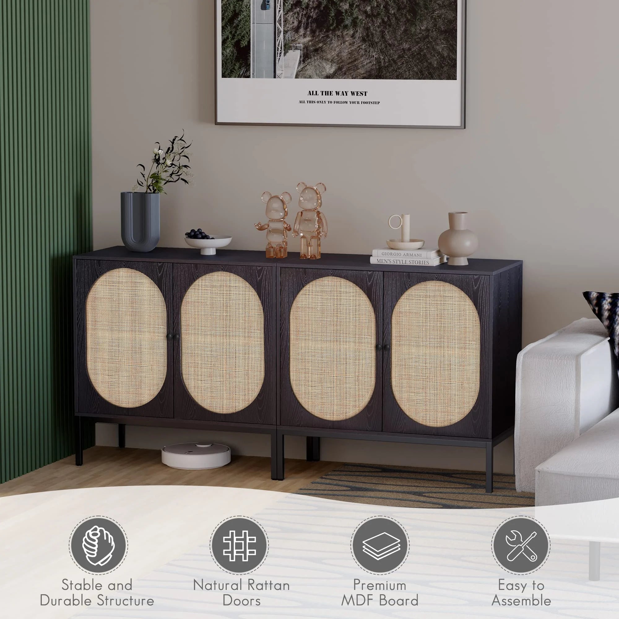 " Rattan 63"" 4-Door Storage Cabinet, Accent Console Table, Dining Room, Living Room, Kitchen, Oak Color"