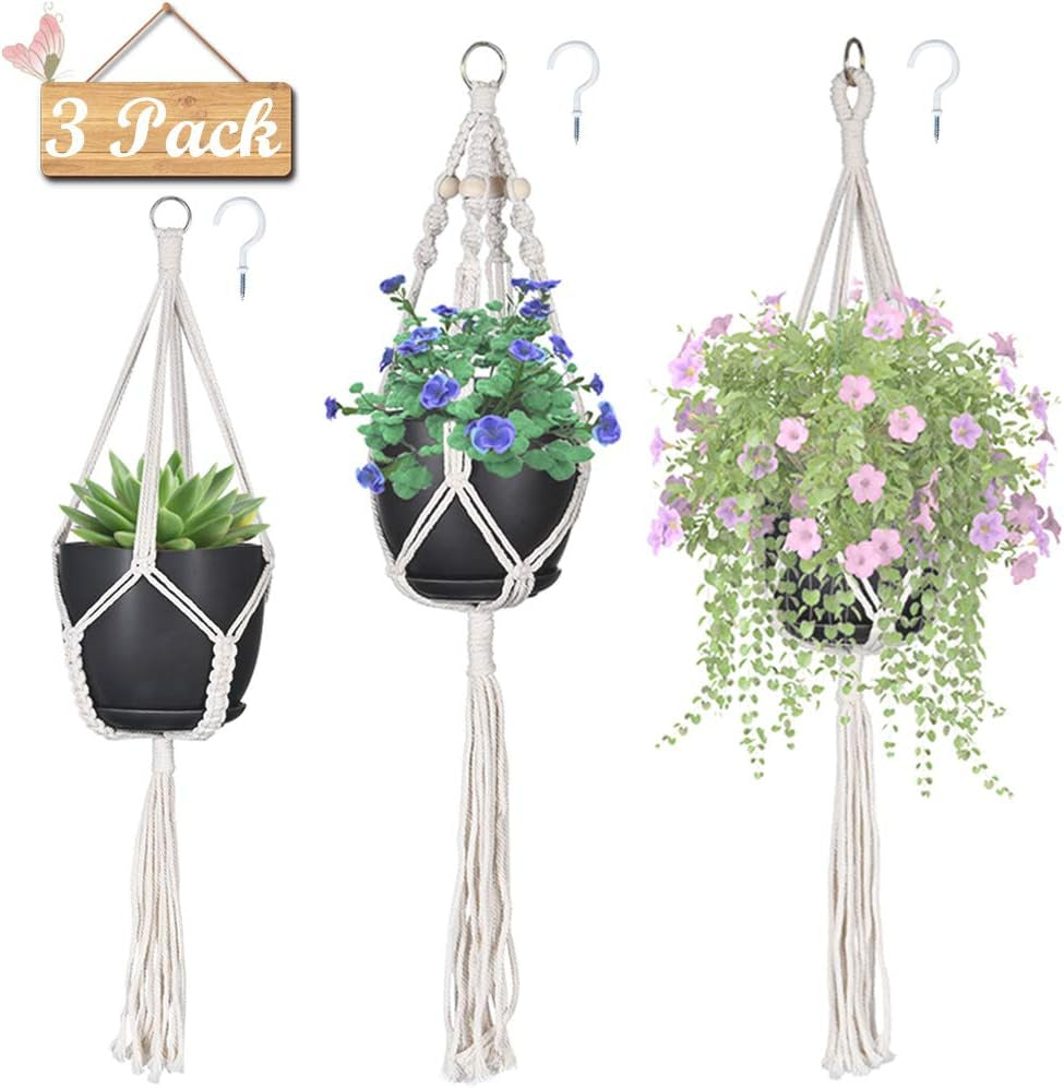Macrame Plant Hangers, Hanging Planters Set of 3 with 3 Hooks, Hanging Planters for Indoor and Outdoor Plant Décor, (Same Size)