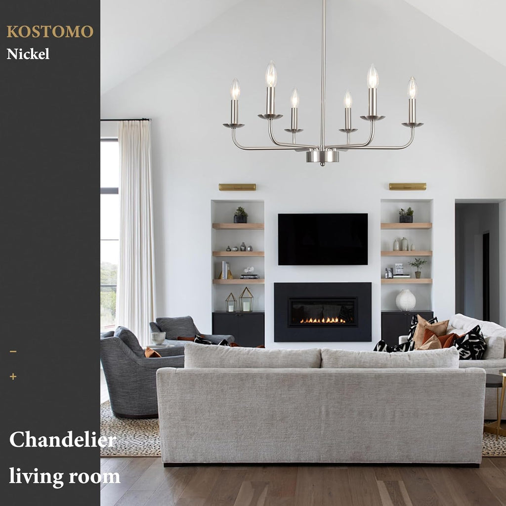 Dining Room Chandelier Nickel Chandelier Modern Farmhouse Candle Ceiling Light Contemporary 6 Lights Pendant Light Fixtures for Bedroom Living Room Kitchen Island Foyer