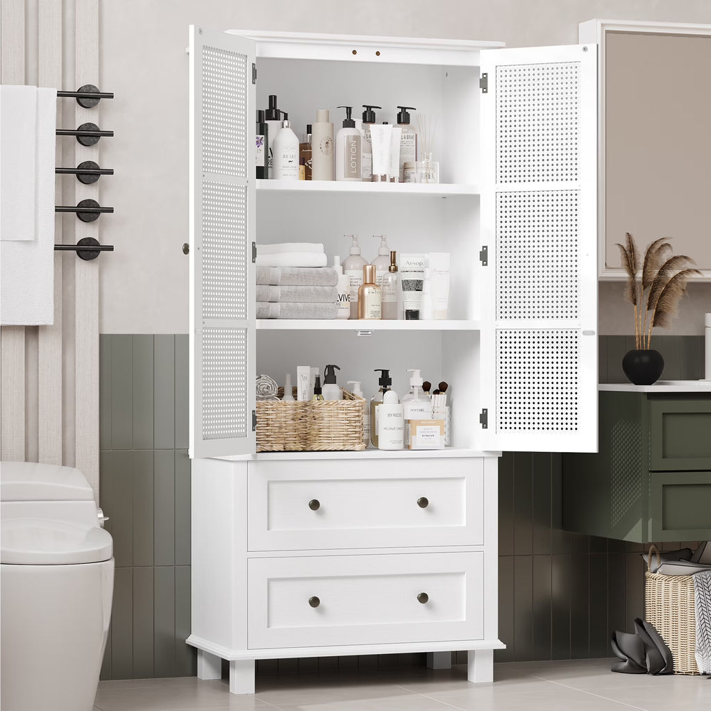 Bathroom Cabinet with Rattan Doors, Rattan Linen Storage Cabinet with 2 Drawers, White