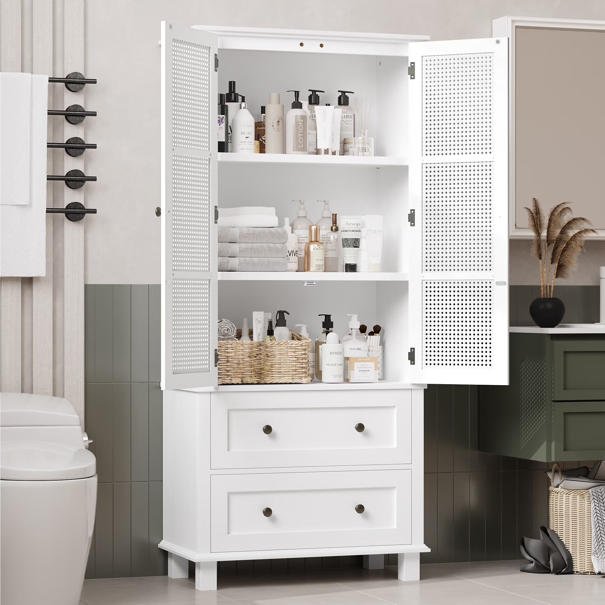 Bathroom Cabinet with Rattan Doors, Rattan Linen Storage Cabinet with 2 Drawers, White