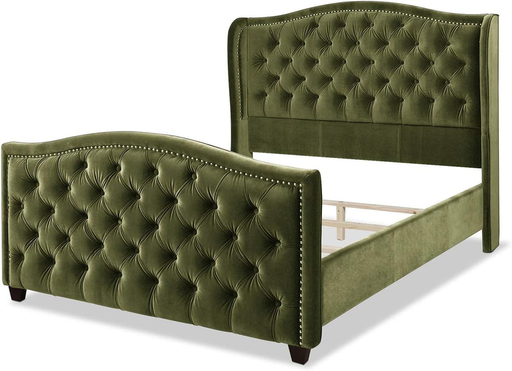 Marcella Upholstered Shelter Headboard Bed Set, Queen, Olive Green Performance Velvet