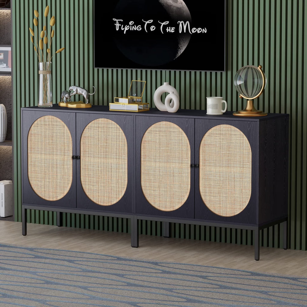" Rattan 63"" 4-Door Storage Cabinet, Accent Console Table, Dining Room, Living Room, Kitchen, Oak Color"