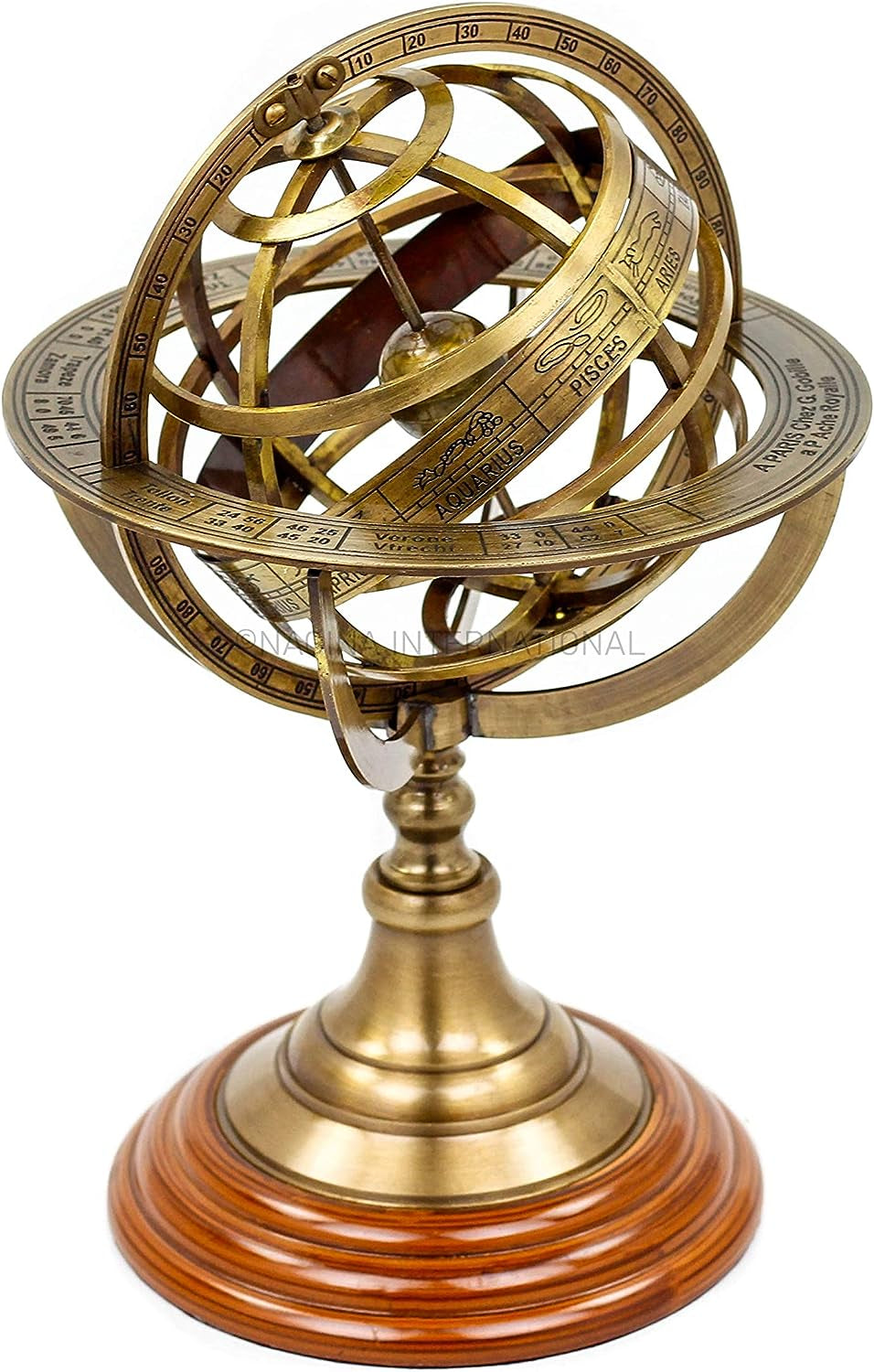 Antique Vintage Zodiac Armillary Brass Sphere Globe Wooden Display | Pirate'S Antique Ship Decor |  (Large, Antique Brass)