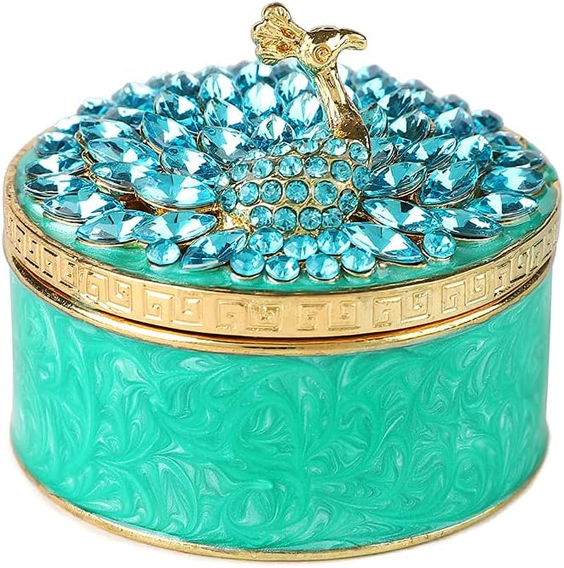 Peacock Trinket Box Hinged Crystal Enameled Ornament Decorative Jewelry Ring Store Box Hand-Painted Craft Gifts for Home Decor (Green)
