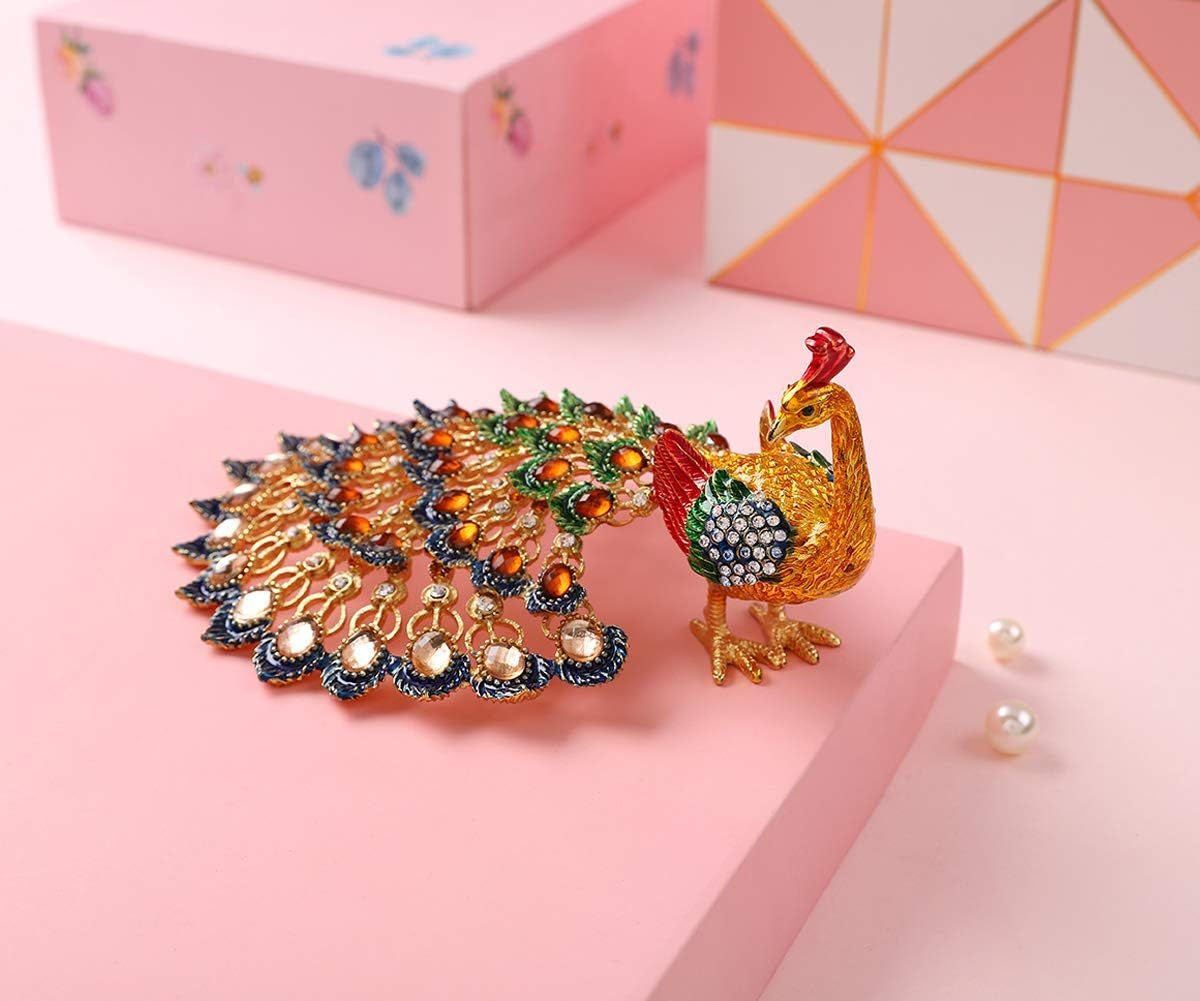 Peacock Trinket Boxes Hinged Enameled Jewelry Box Hand-Painted Animals Ornaments Craft Gift for Home Decor (Gold)