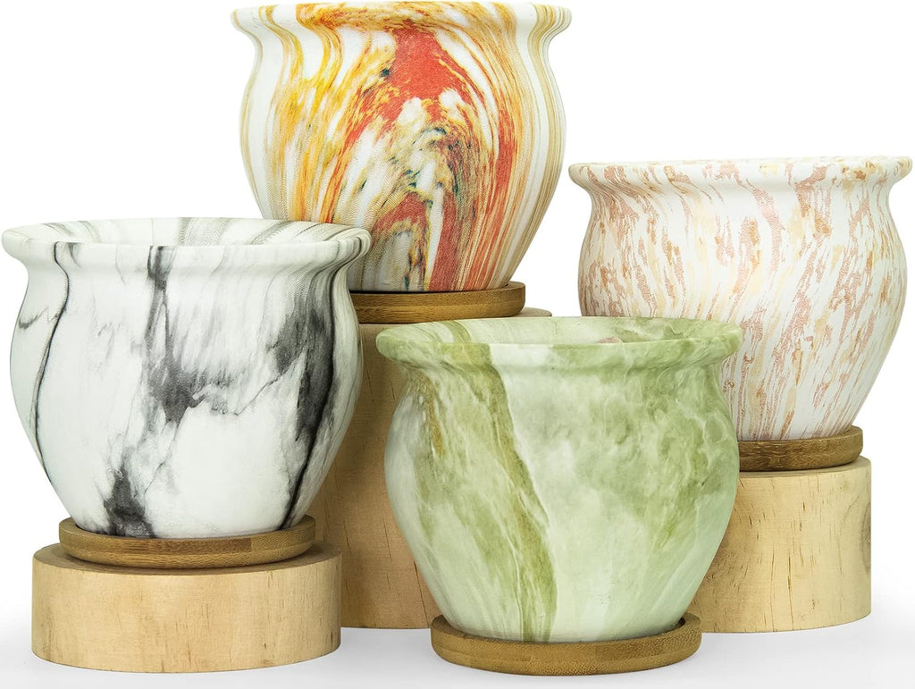 Succulent Pots - 4.5 Inch Small Succulent Plant Pots with Saucers Marbling Cactus Flower Planter Ceramic Pots for Indoor Plants Set of 4
