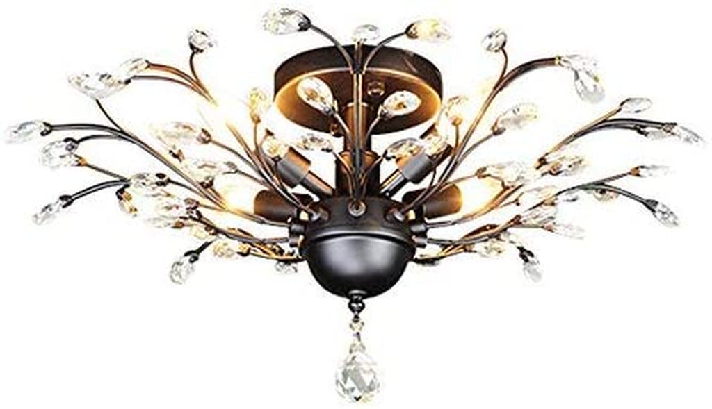 -Light 24.5" Dia 4-Light Vintage Crystal Branch Close to Ceiling Light Fixture Black Chandelier Flush Mount,E12,160W,For Bedroom,Kitchen,Living Room;