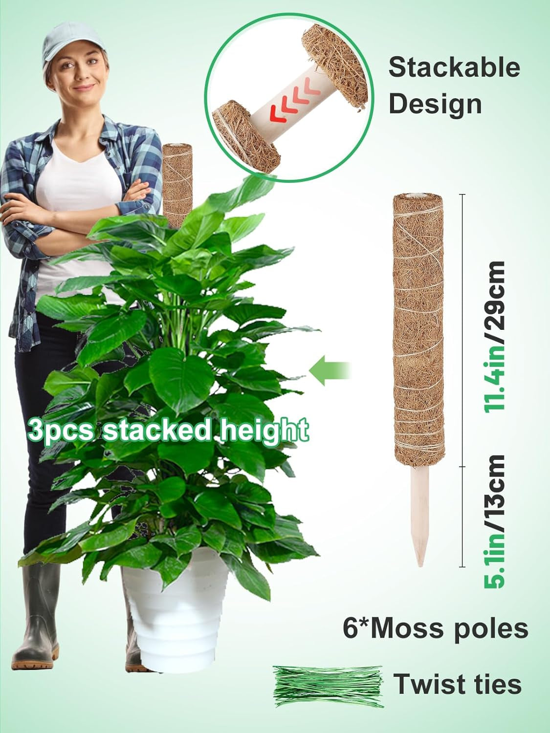 73.5In Total Moss Poles Plants Support for Indoor Climbing Plants - Stable Stackable Coco Coir Stakes for Monstera Potted Plants, Easy to Use (6 Pack, 16.5In)