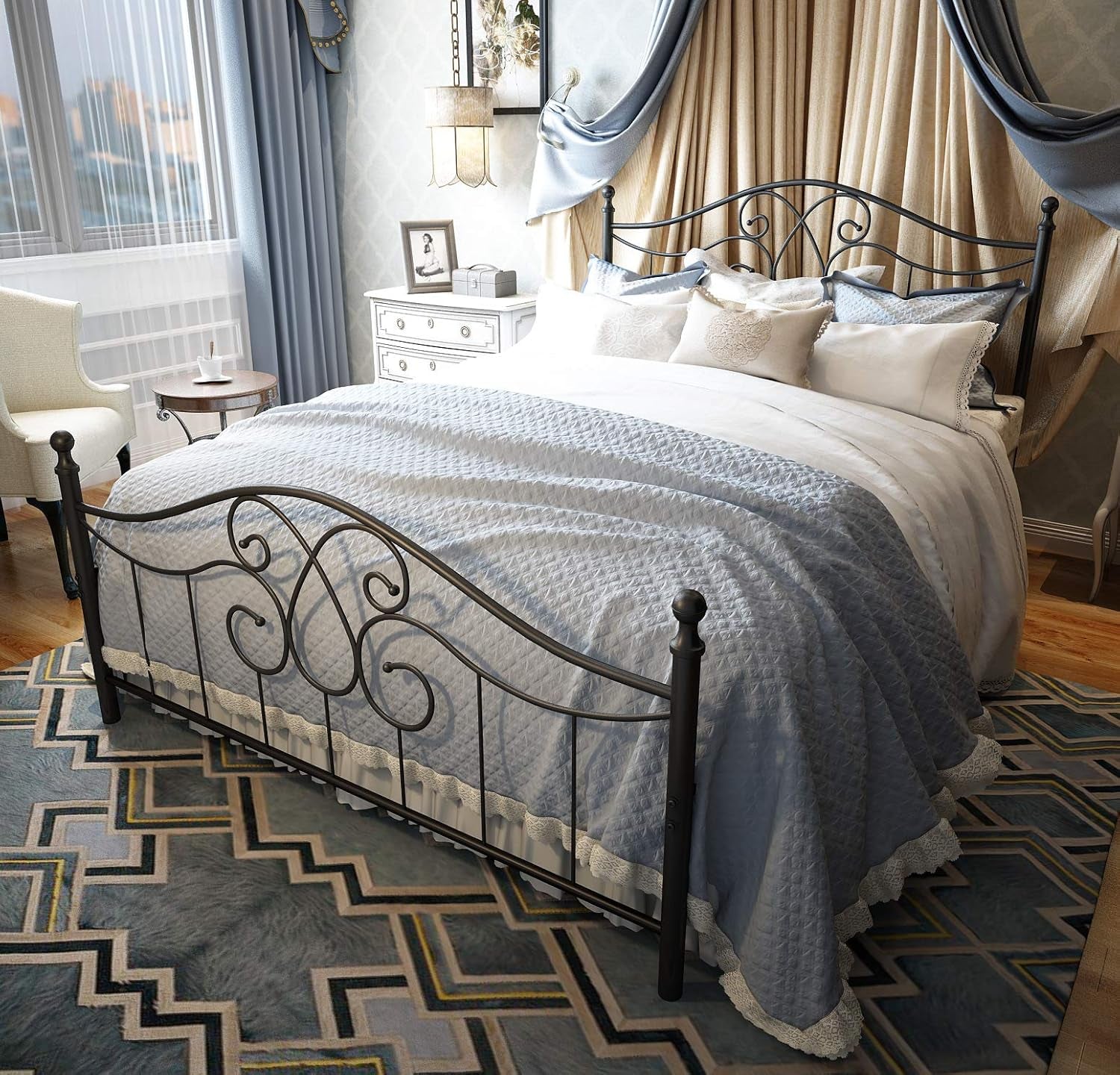 Vintage Sturdy Metal Bed Frame Queen Size with Vintage Headboard and Footboard Platform Base Bed Frame No Box Spring Needed Steel Bed (Queen, Black)