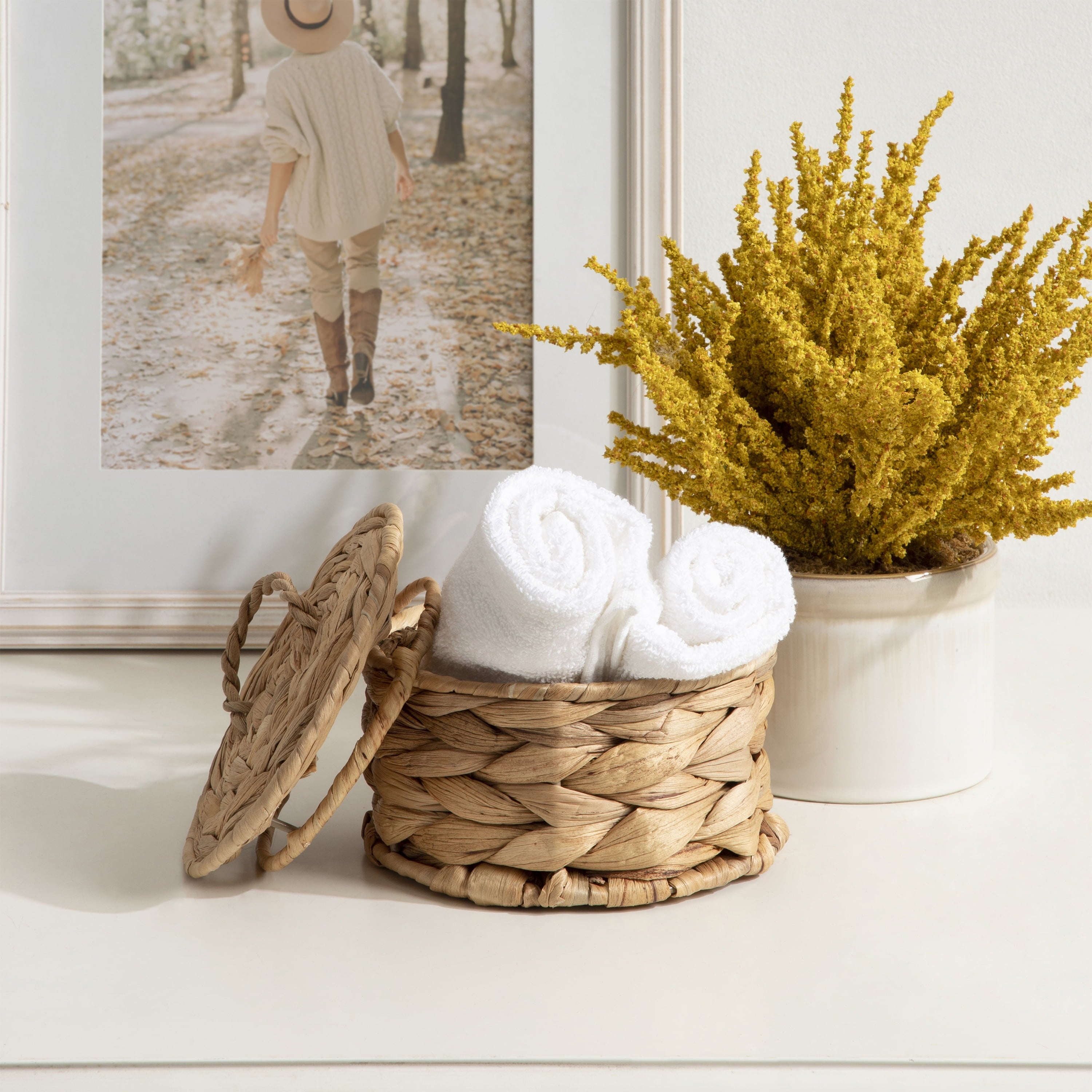 Design Ovation 3.5” X 6” round Trinket Box with Lid in Water Hyacinth Natural Material