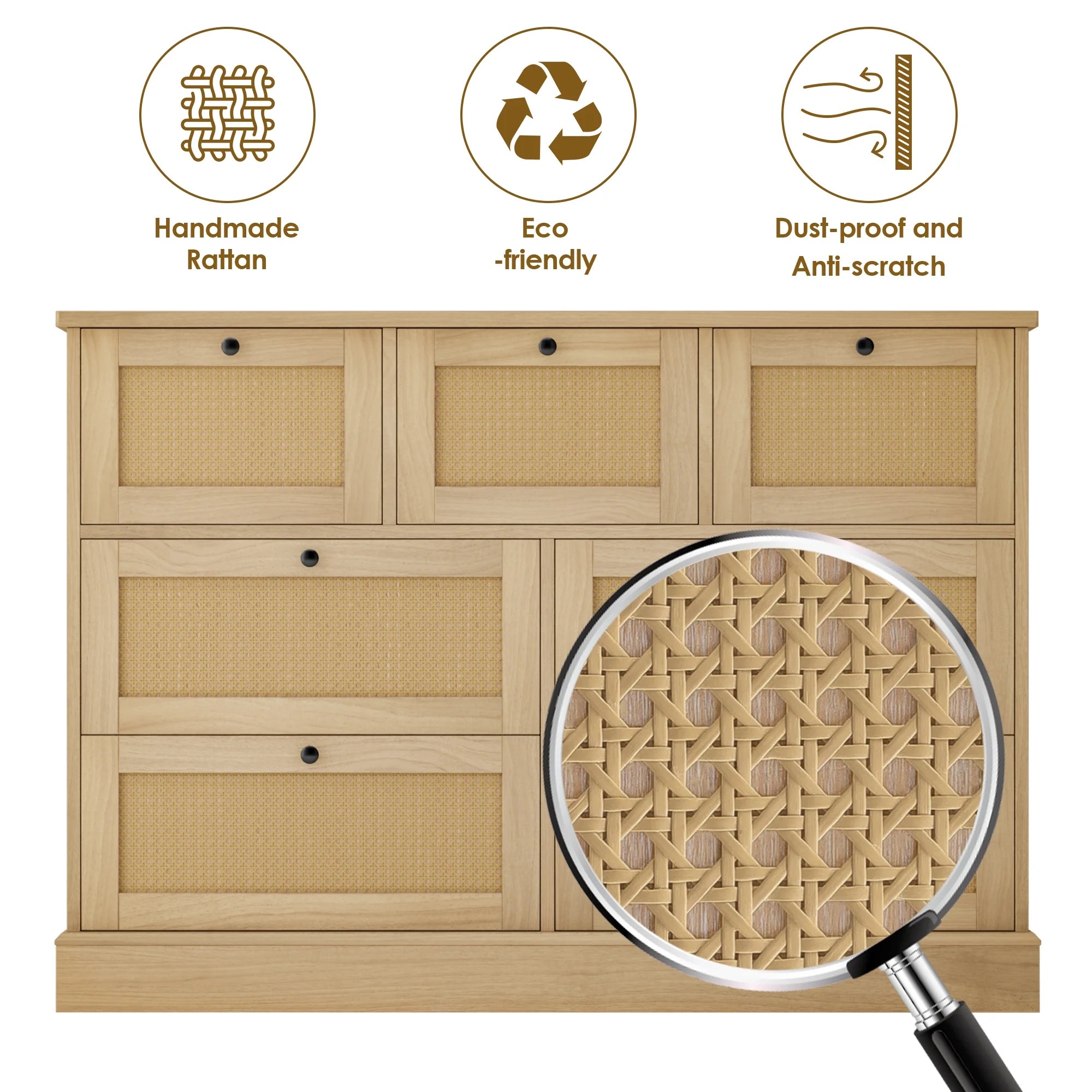 Rattan Dresser, 7 Drawer Combo Double Dresser, Modern Wicker Chest for Bedroom, Burlywood