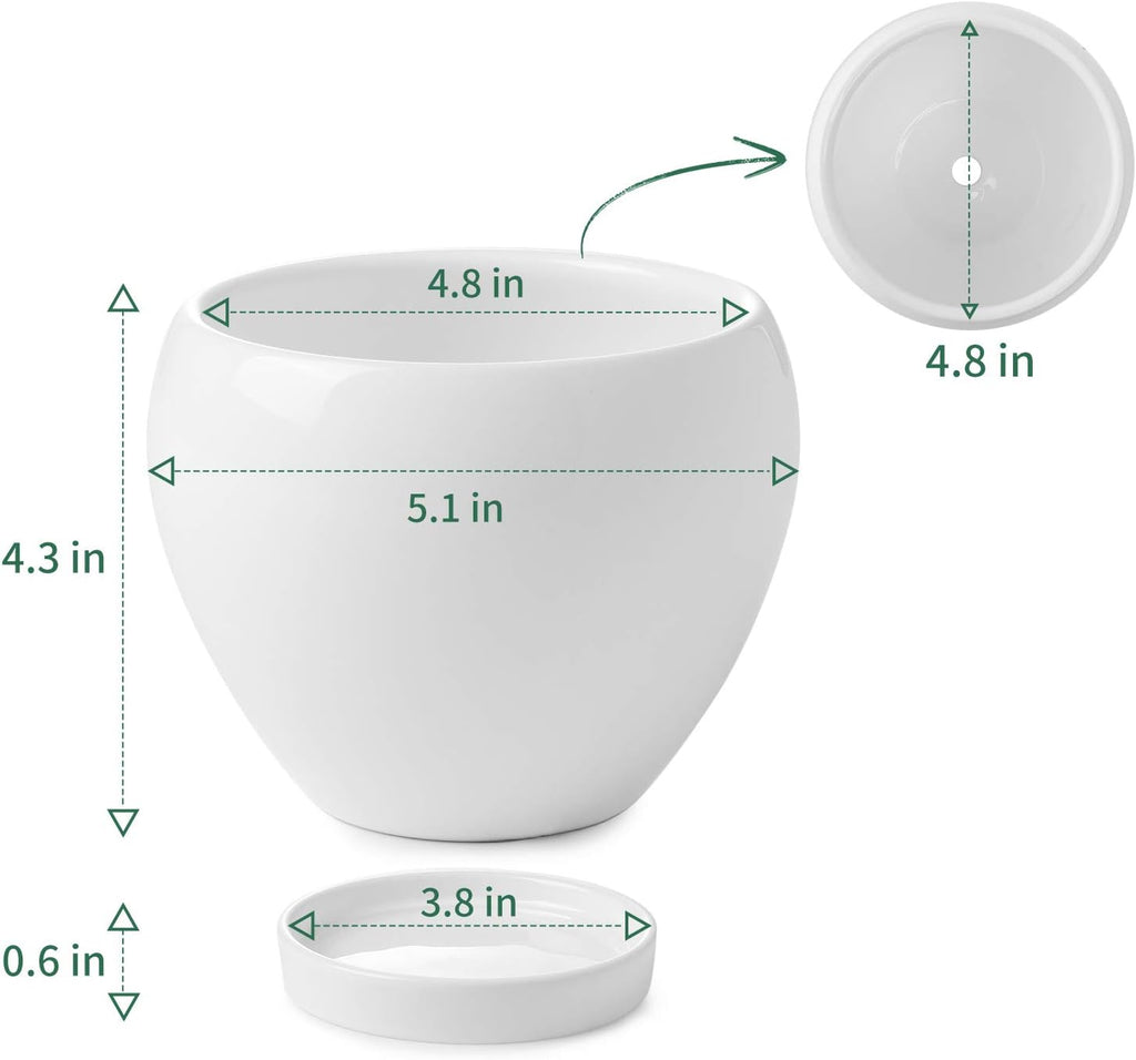 050601 Ceramic Plant Pot Planter - 4.8 Inch White Planters for Indoor Plants Flower Succulent with Drainage Hole Saucer