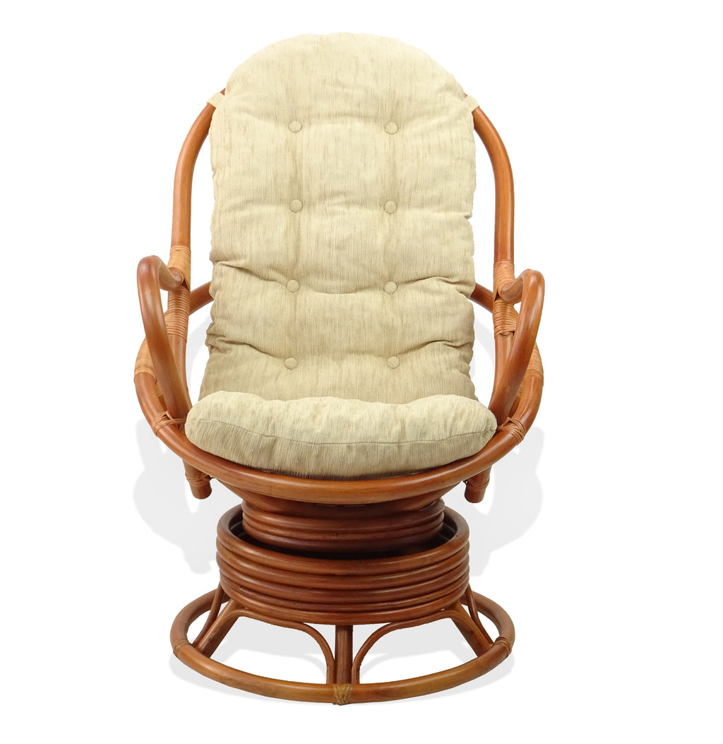 Java Swivel Rocking Lounge Chair Natural Handmade Rattan Wicker with Cream Cushions, Colonial