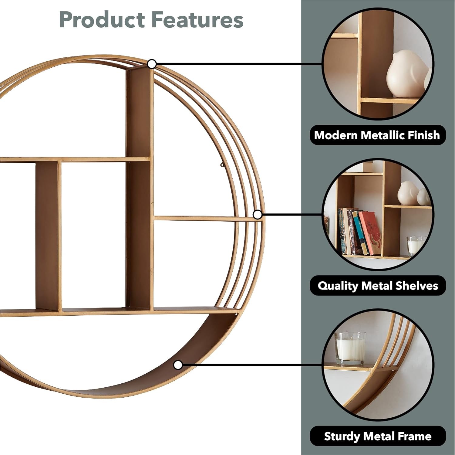 & Co. Gold Brooklyn Wall Shelf, round 3 Tier Wall Mounted Floating Shelf for Bathroom, Bedroom, Living Room Decor, Metal, Industrial, 27.5 Inches