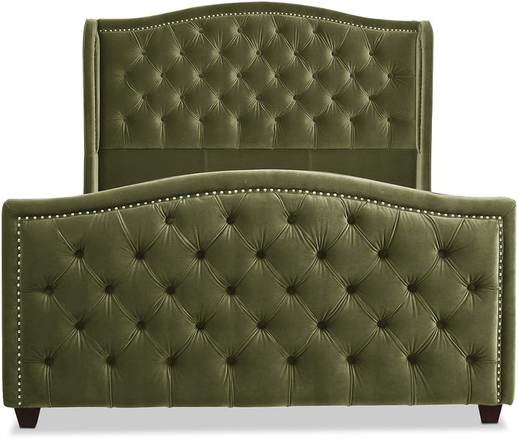 Marcella Upholstered Shelter Headboard Bed Set, Queen, Olive Green Performance Velvet