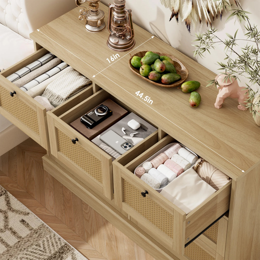 Rattan Dresser, 7 Drawer Combo Double Dresser, Modern Wicker Chest for Bedroom, Burlywood