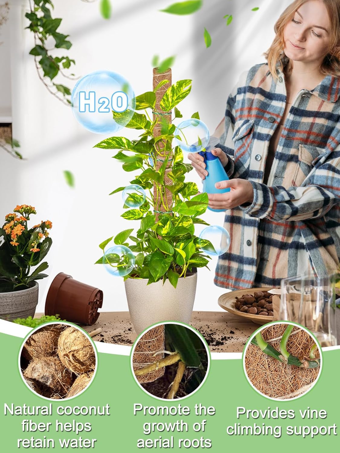 73.5In Total Moss Poles Plants Support for Indoor Climbing Plants - Stable Stackable Coco Coir Stakes for Monstera Potted Plants, Easy to Use (6 Pack, 16.5In)