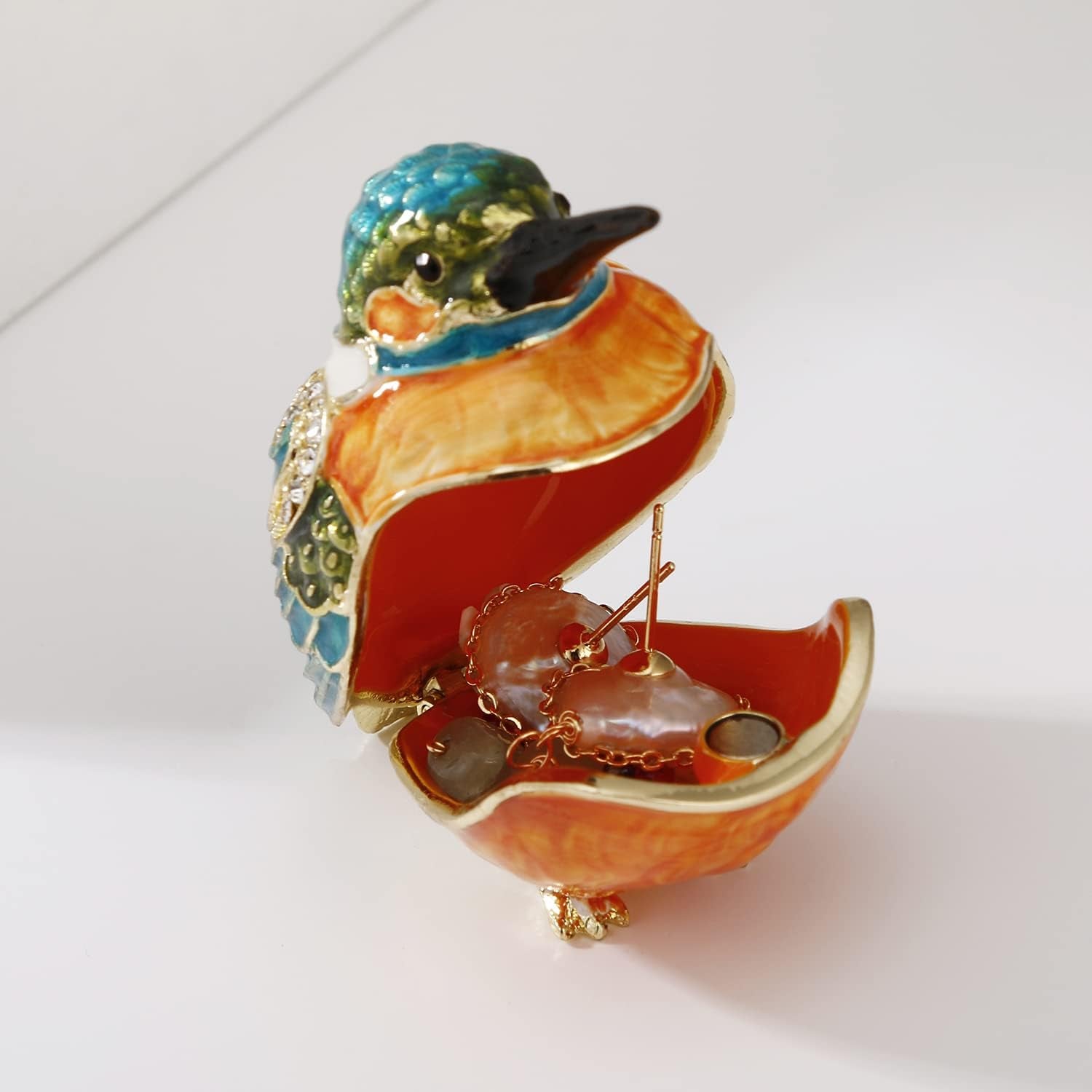 Hand Painted Enamel Bird Trinket Box for Home Decor, Hinged Jewelry Organizer for Ring Earrings, Unique Figurine Keepsake Collectible Personalized Elegant Handmade Ornament (Kingfisher)