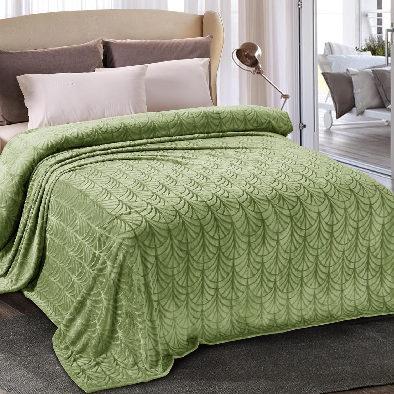 Flannel Fleece King Size Blanket for Bed, Soft Fluffy Velvet Bedspread Coverlet with Decorative Vintage Pattern for All Season, Warm and Lightweight, 90X104 Inch, Olive Green