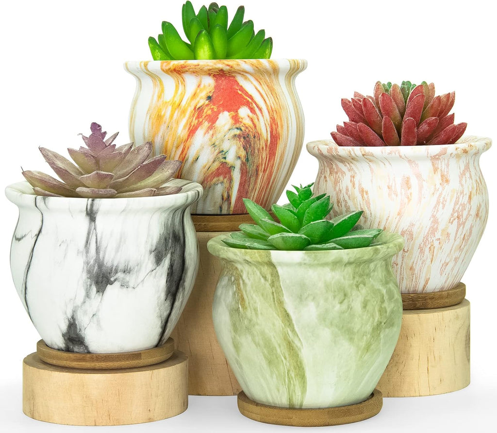 Succulent Pots - 4.5 Inch Small Succulent Plant Pots with Saucers Marbling Cactus Flower Planter Ceramic Pots for Indoor Plants Set of 4