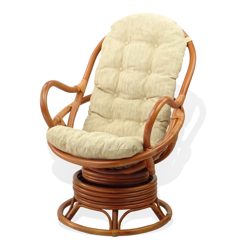 Java Swivel Rocking Lounge Chair Natural Handmade Rattan Wicker with Cream Cushions, Colonial