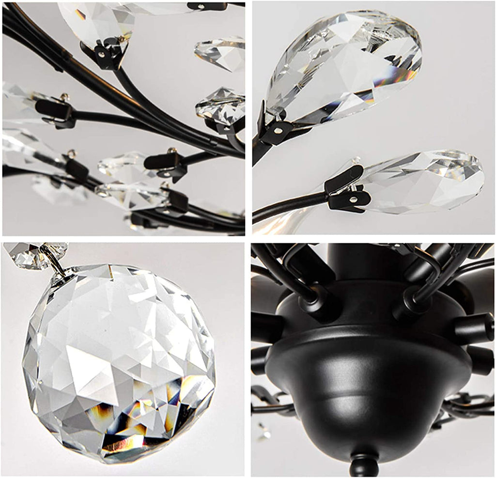 -Light 24.5" Dia 4-Light Vintage Crystal Branch Close to Ceiling Light Fixture Black Chandelier Flush Mount,E12,160W,For Bedroom,Kitchen,Living Room;