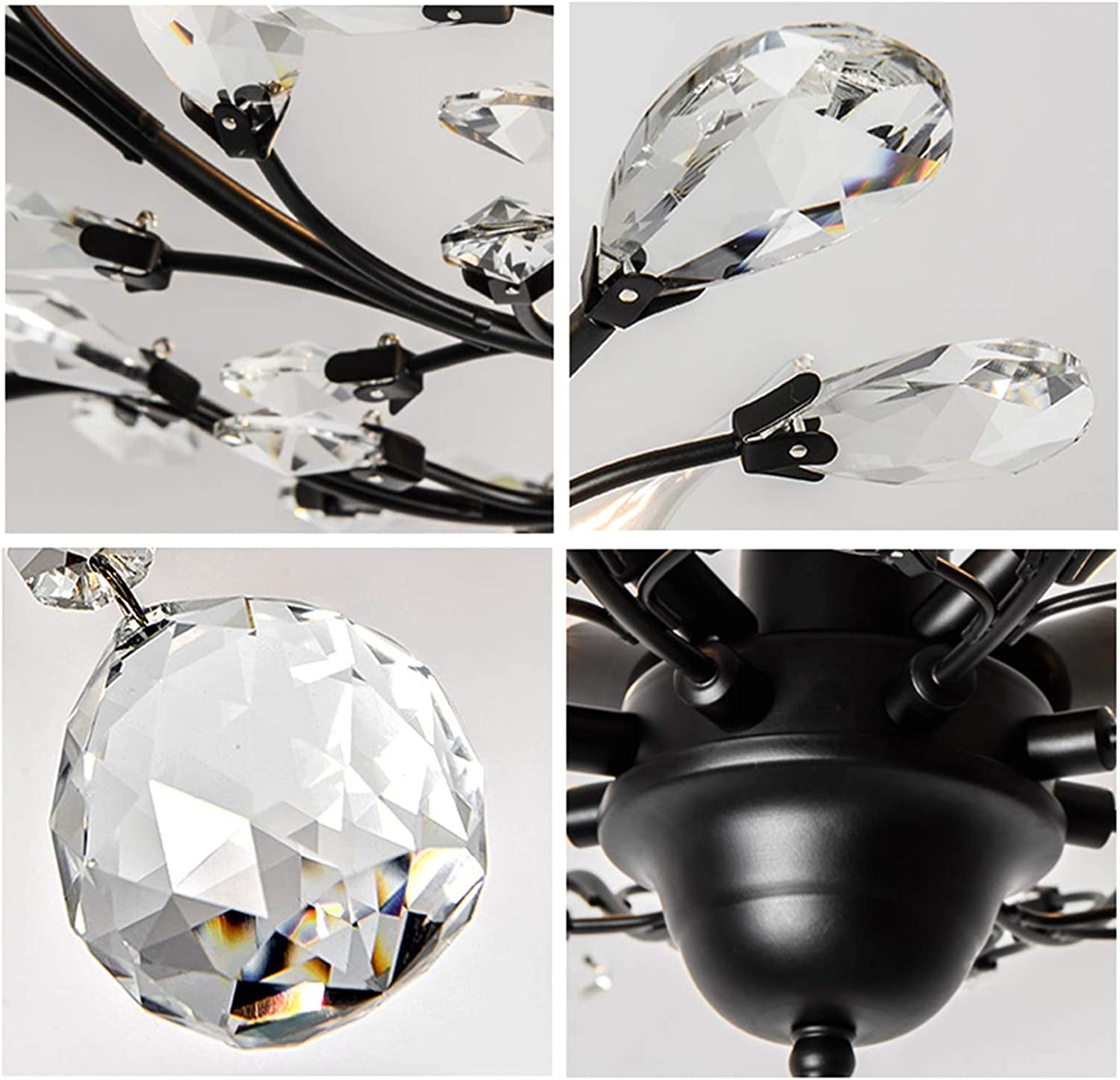 -Light 24.5" Dia 4-Light Vintage Crystal Branch Close to Ceiling Light Fixture Black Chandelier Flush Mount,E12,160W,For Bedroom,Kitchen,Living Room;