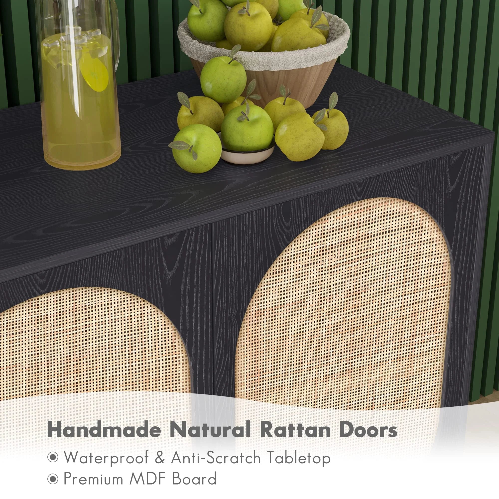 " Rattan 63"" 4-Door Storage Cabinet, Accent Console Table, Dining Room, Living Room, Kitchen, Oak Color"