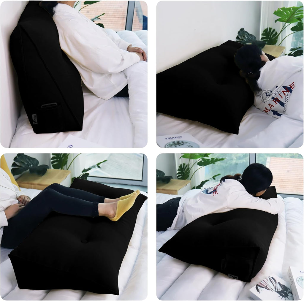 Headboard Pillow Triangular Bed Wedge Pillow for Headboard Large Bolster Pillow for Bed with Removable Cover, 85% Linen 15% Cotton Blend, Black