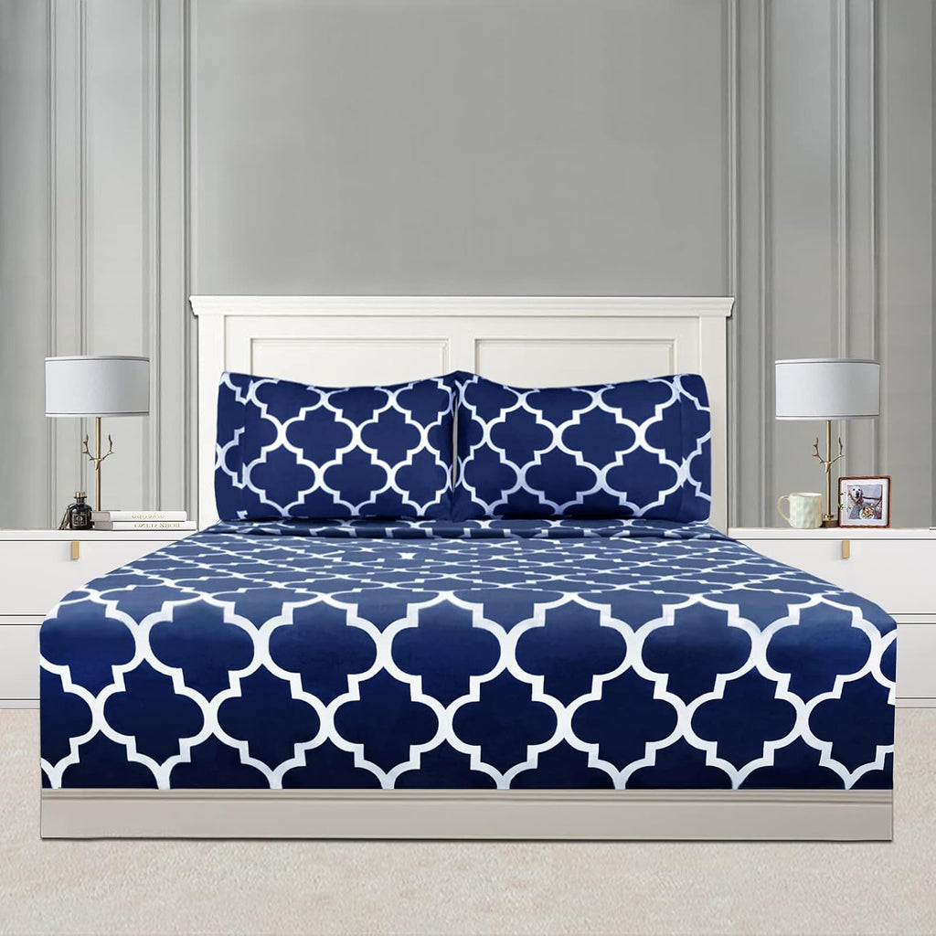 Full Bed Sheet Set - Super Soft Brushed Microfiber 1800 Thread Count Full Sheets with 16 Inch Deep Pocket - Wrinkle Free - 4 Piece(Navy Quatrefoil with White Pattern)