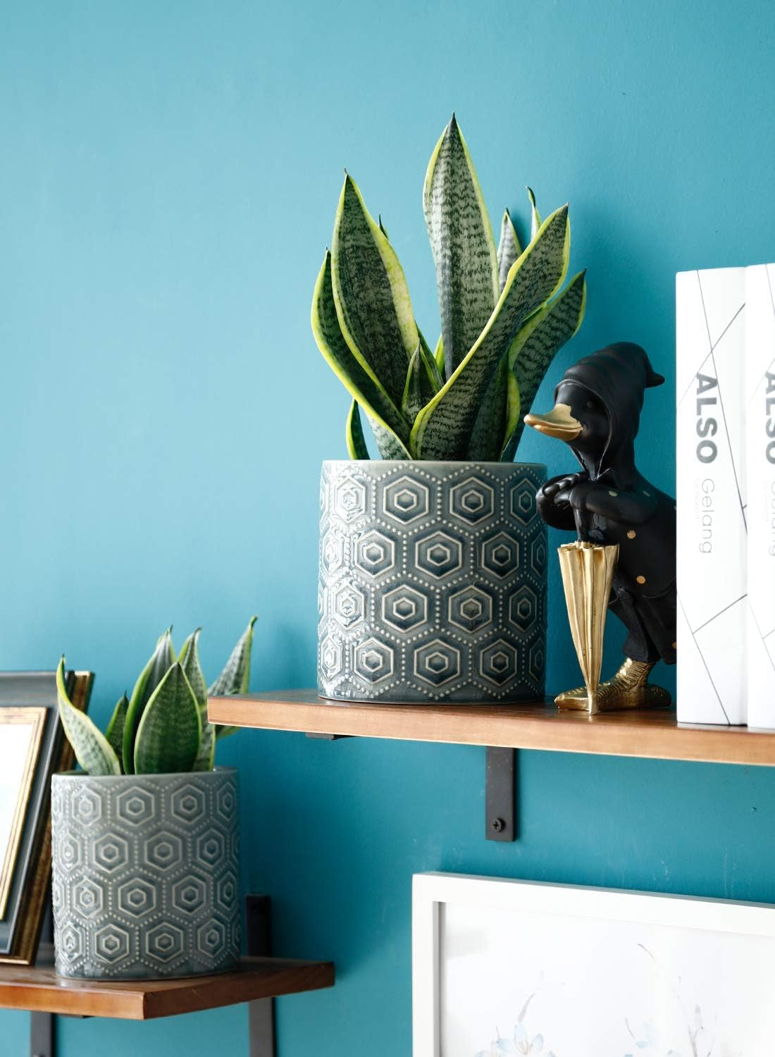 Ceramic Flower Pots - 6 Inch + 5 Inch Planters with Drainage Holes for Succulent Herb Indoor Decoration - Blue, Set of 2