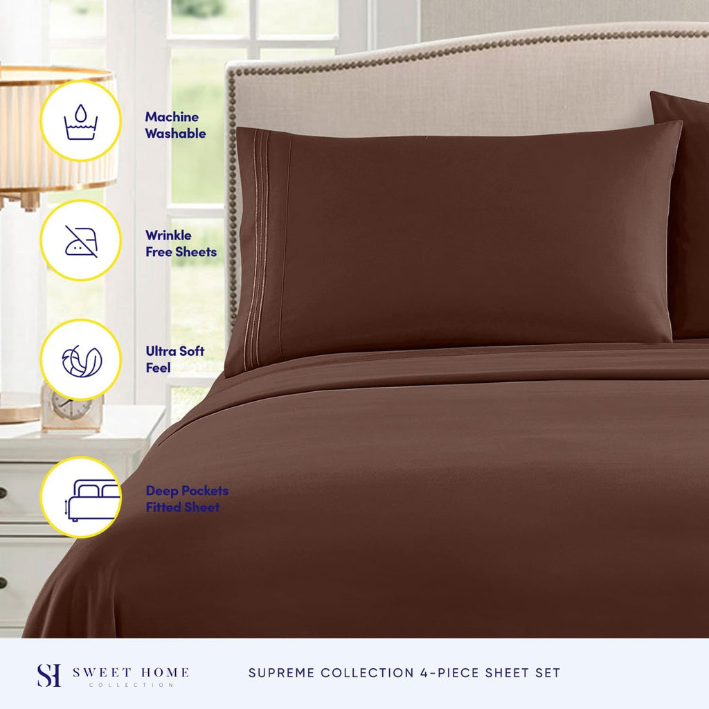Queen Size Bed Sheets - Breathable Luxury Sheets with Full Elastic & Secure Corner Straps Built in - 1800 Supreme Collection Extra Soft Deep Pocket Bedding Set, Sheet Set, Queen, Brown