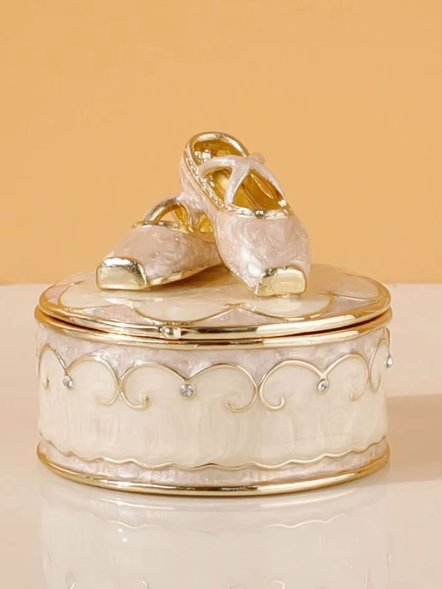 Pink Ballet Shoes Trinket Box Hinged Crystal Enameled Ornament Decorative Hand-Painted Jewelry Ring Storage Keepsake Box