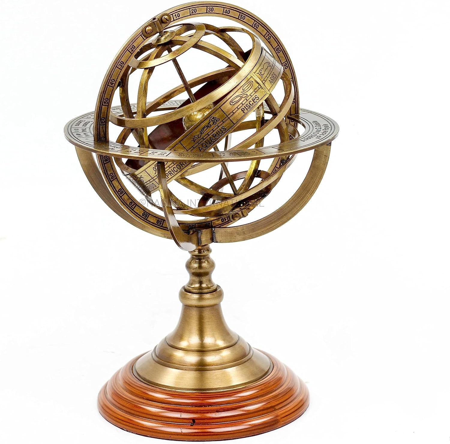 Antique Vintage Zodiac Armillary Brass Sphere Globe Wooden Display | Pirate'S Antique Ship Decor |  (Large, Antique Brass)