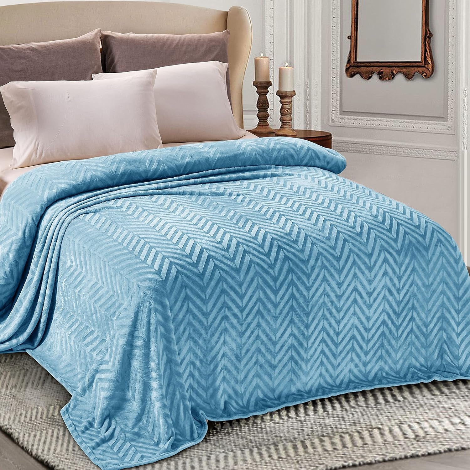 Flannel Fleece Twin Size Bed Blanket, Twin XL Lightweight Breathable Soft Bedspread Plush Fluffy Coverlet Chevron Design Decorative Blanket for All Season, 90X66 Inch, Stone Blue