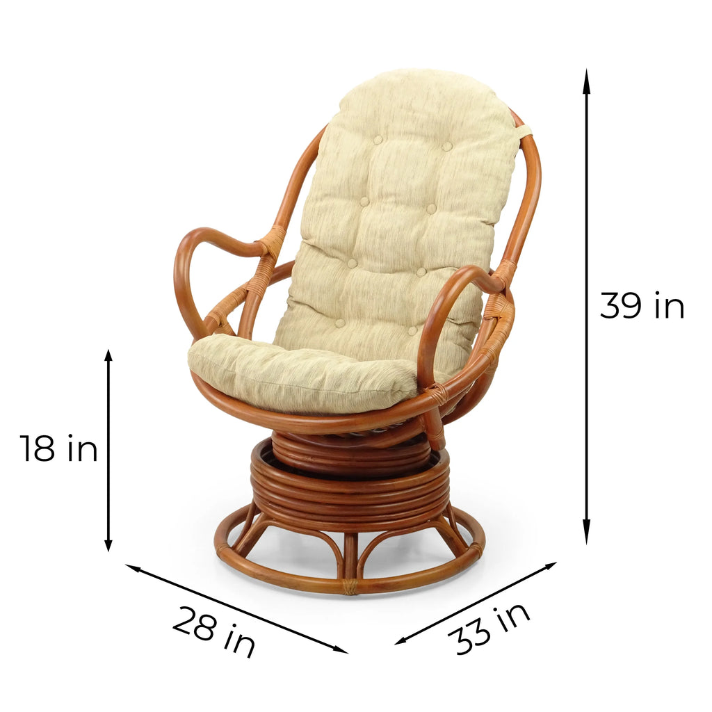Java Swivel Rocking Lounge Chair Natural Handmade Rattan Wicker with Cream Cushions, Colonial