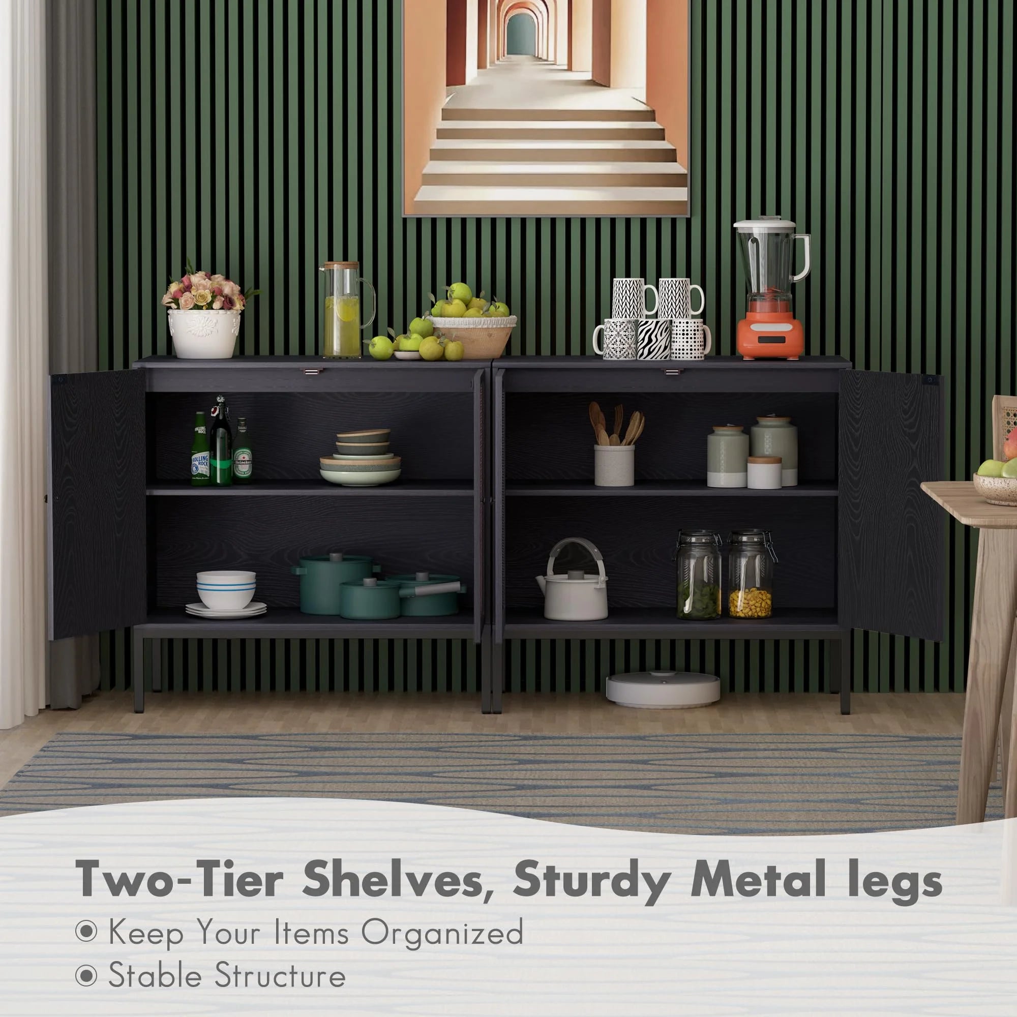 " Rattan 63"" 4-Door Storage Cabinet, Accent Console Table, Dining Room, Living Room, Kitchen, Oak Color"