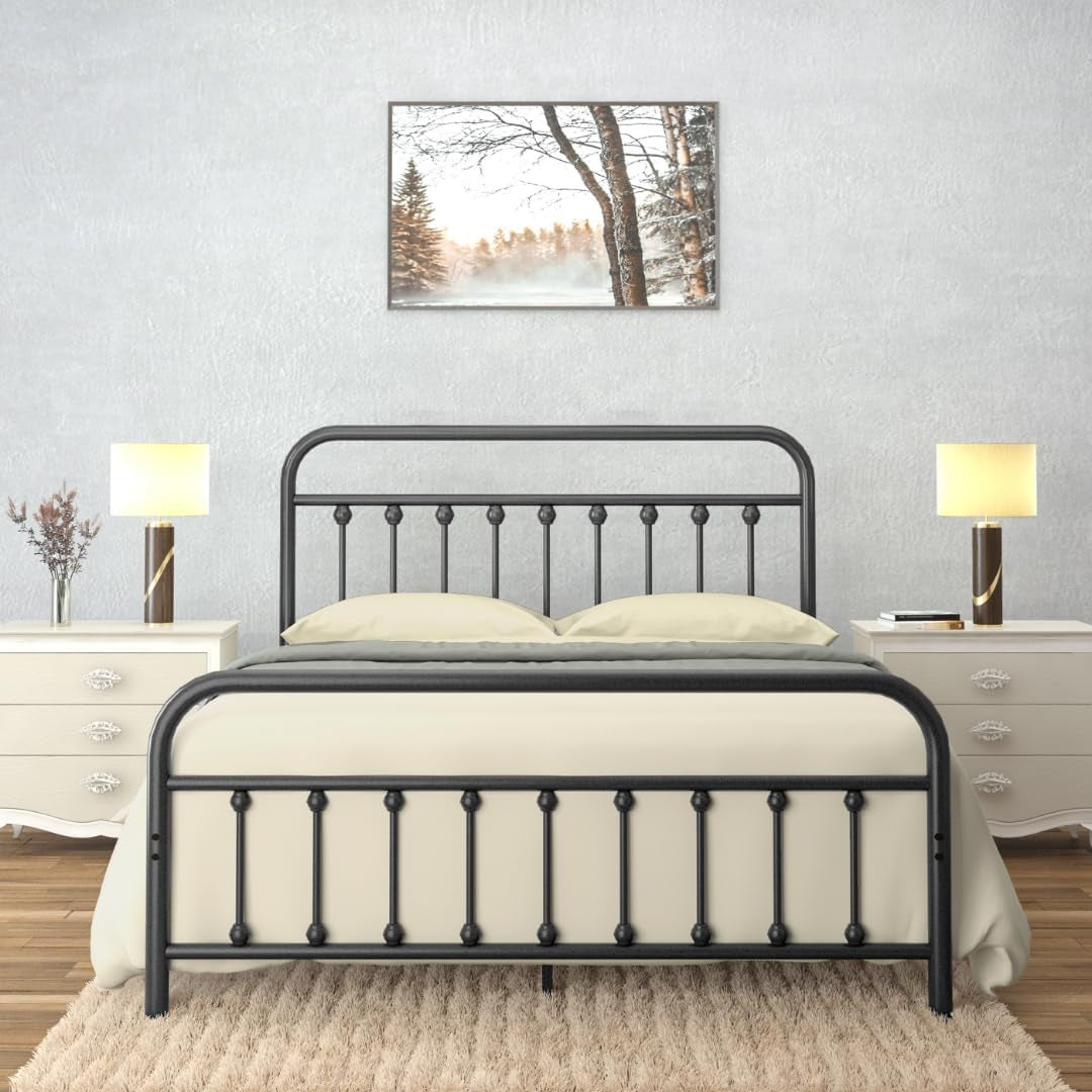 Golden Gate Beds Victorian Vintage Style Metal Bed Frame with Wrought Iron Headboard and Footboard, Classic Platform Bedframe with Storage, No Box Spring Needed, Mattress Foundation, Black, Queen Size