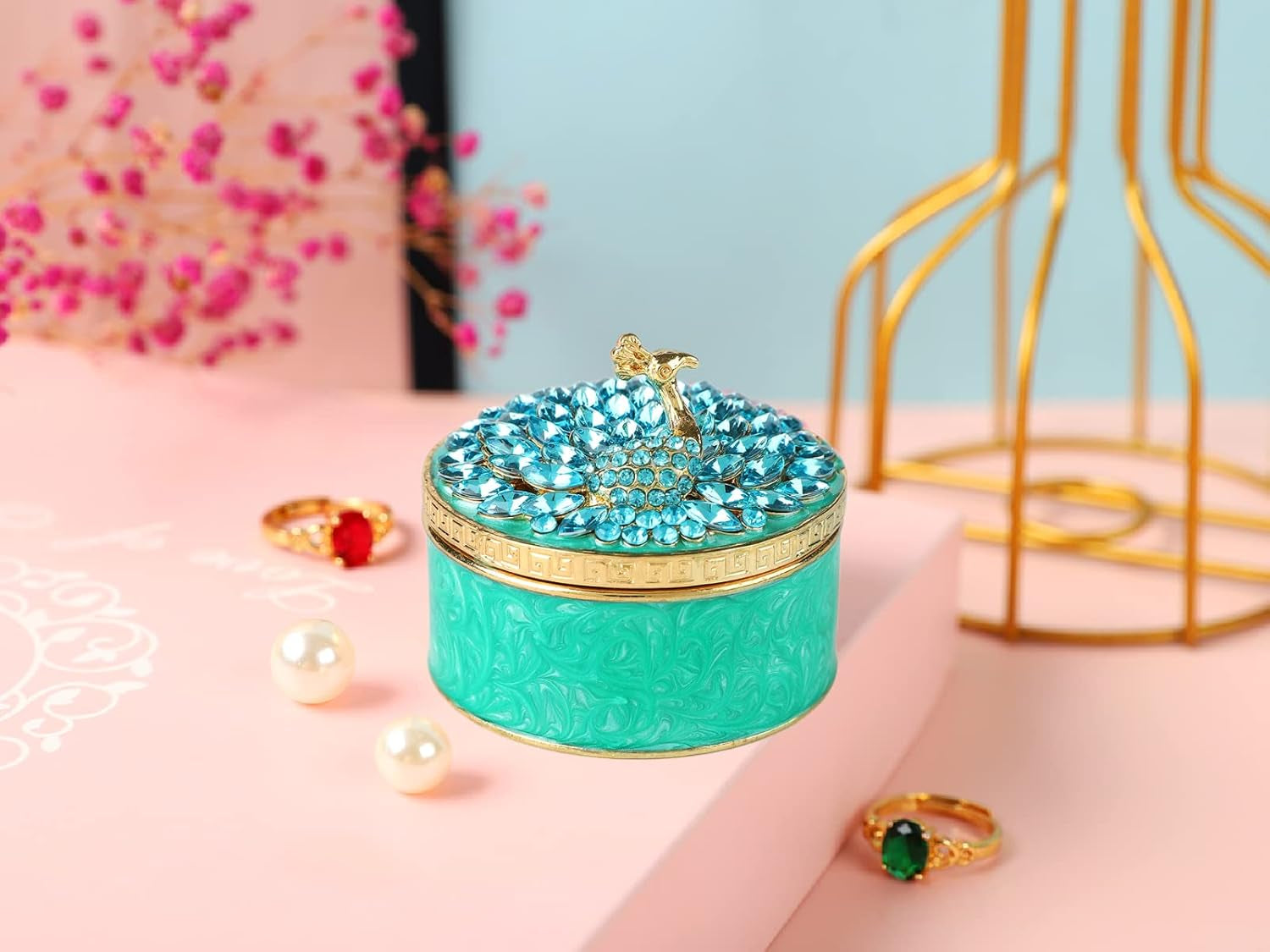 Peacock Trinket Box Hinged Crystal Enameled Ornament Decorative Jewelry Ring Store Box Hand-Painted Craft Gifts for Home Decor (Green)