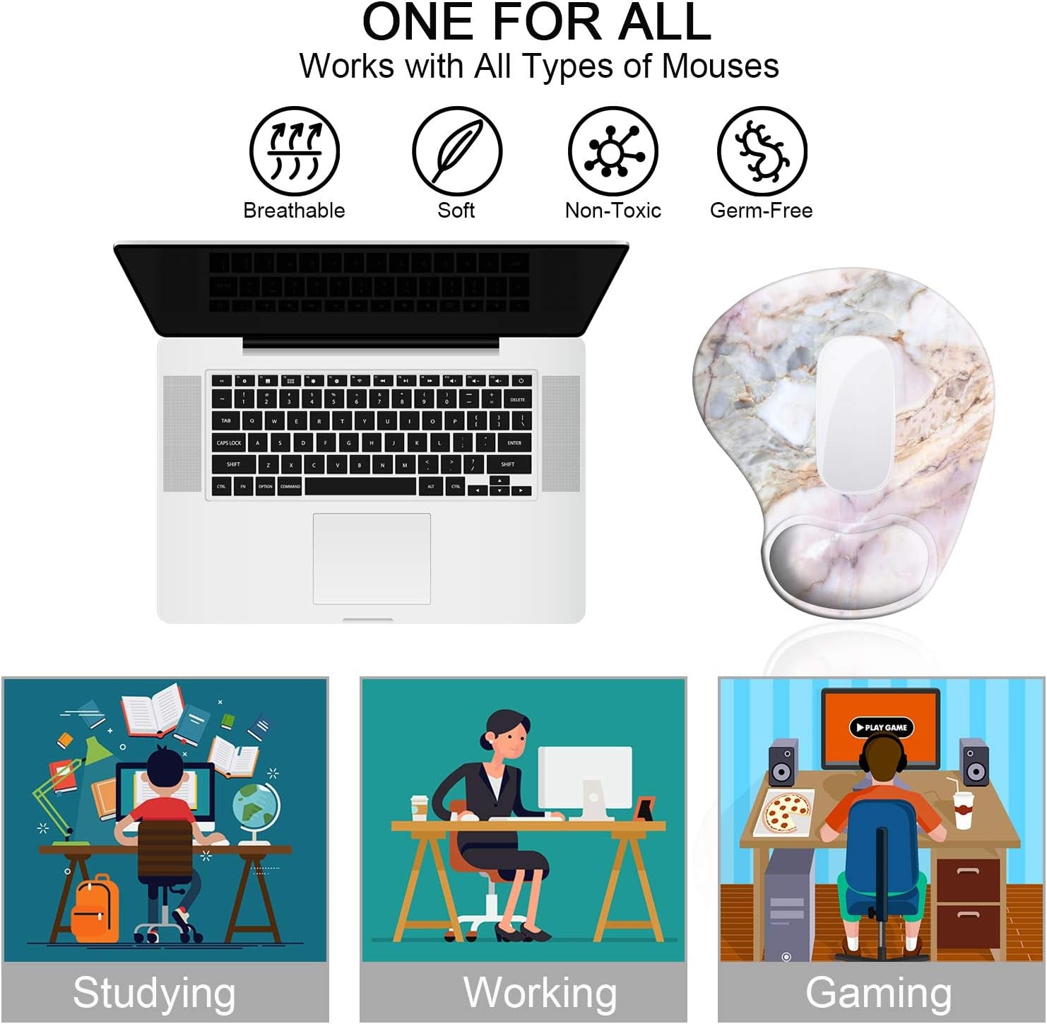 Ergonomic Mouse Pad with Gel Wrist Rest Support, Cute Mouse Pads with Non-Slip Rubber Base Wrist Rest Pad for Home, Office & Travel Easy Typing & Pain Relief, Marble