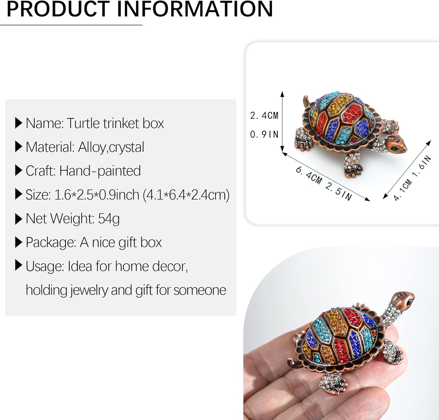 Vintage Turtle Jewelry Trinket Box Hinged,Hand-Painted Sea Animal Figurine Collectible Enamel Sea Turtle Ring Holder Crystal Studded Treasure Keepsake Box (2.5Inch,Colorful)