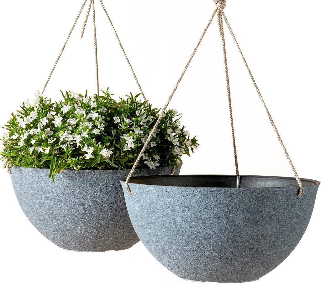 Large Hanging Planters for Outdoor Plants - Hanging Flower Pots Weathered Gray (13.2 Inch, Set of 2)