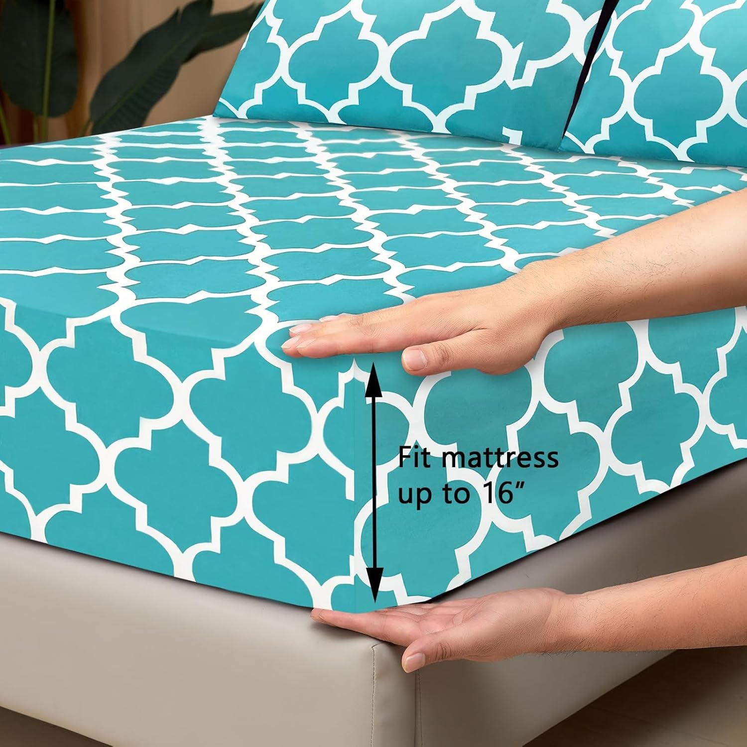 Full Bed Sheet Set - Super Soft Brushed Microfiber 1800 Thread Count Sheets with 16 Inch Deep Pocket - Wrinkle Free - 4 Piece(Full, Aqua Quatrefoil with White Pattern)