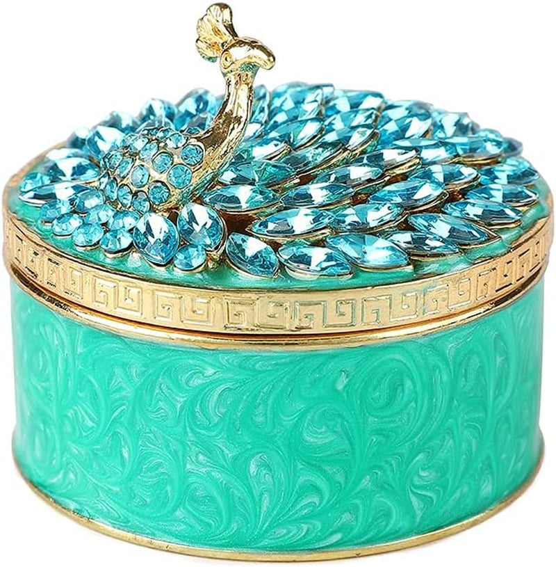 Peacock Trinket Box Hinged Crystal Enameled Ornament Decorative Jewelry Ring Store Box Hand-Painted Craft Gifts for Home Decor (Green)