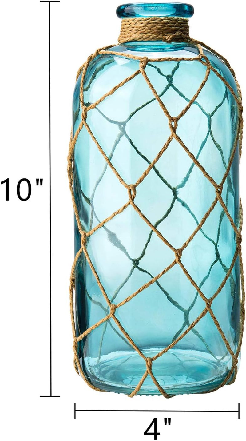 Rustic Glass Bottle Vase Decorative Blue Flower Vase with Creative Rope Net (Large)