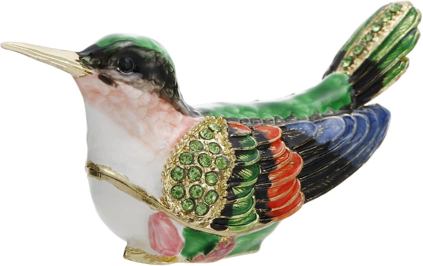 Hand Painted Enamel Bird Trinket Box for Home Decor, Hinged Jewelry Organizer for Ring Earrings, Unique Figurine Keepsake Collectible Personalized Elegant Handmade Ornament (Hummingbird-2)