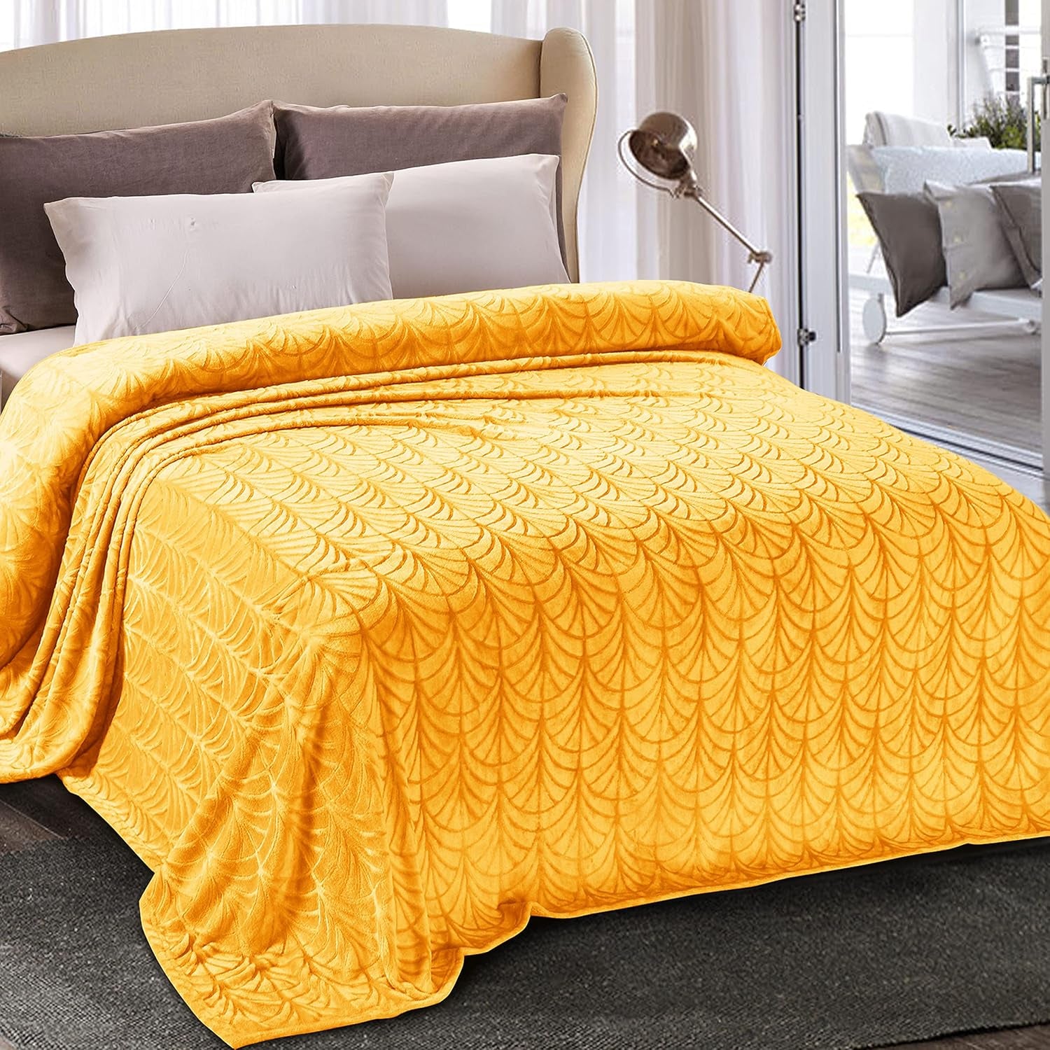 Flannel Fleece King Size Blanket for Bed, Soft Fluffy Velvet Bedspread Coverlet with Decorative Vintage Pattern for All Season, Warm and Lightweight, 90X104 Inch, Lemon Yellow