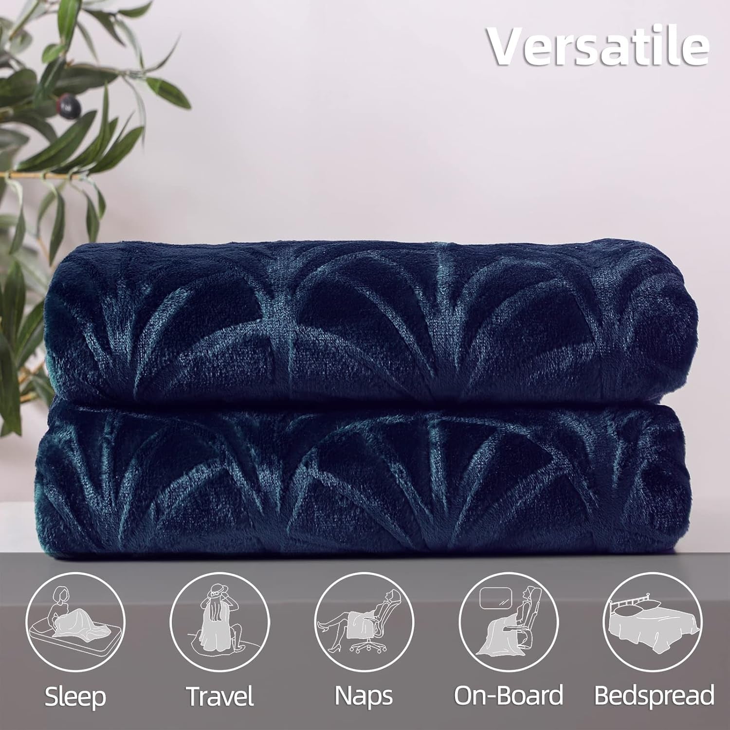 Flannel Fleece Throw Blanket for Couch, Soft Fluffy Velvet Sofa Blanket with Decorative Vintage Pattern for All Season, Warm and Lightweight, 50X60 Inch, Navy Blue