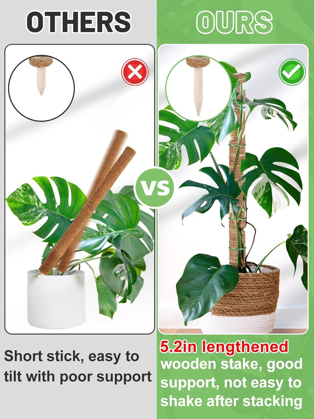 73.5In Total Moss Poles Plants Support for Indoor Climbing Plants - Stable Stackable Coco Coir Stakes for Monstera Potted Plants, Easy to Use (6 Pack, 16.5In)